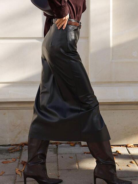 PU Leather Slit Midi Skirt