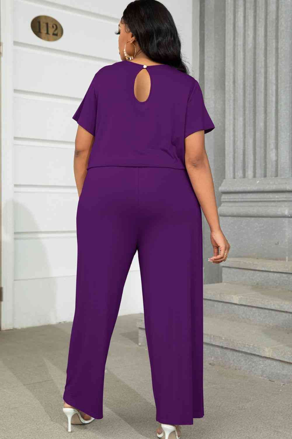 Plus Size Drawstring Waist Short Sleeve Jumpsuit