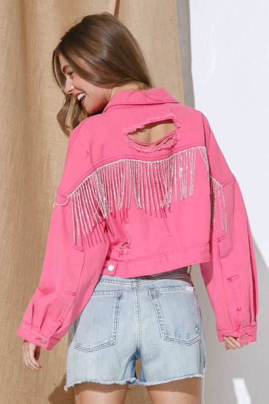 RHINESTONE FRINGE DISTRESSED DENIM JACKET