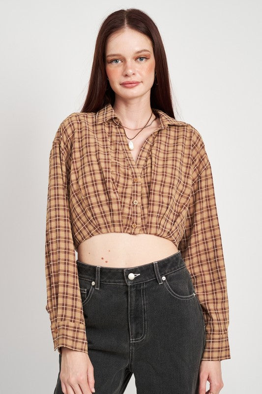 CROPPED BUTTON UP SHIRT WITH ELASTIC WAISTBAND