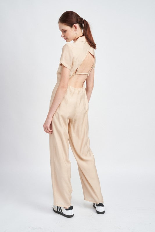 SHORT SLEEVE JUMPSUIT WITH OPEN BACK