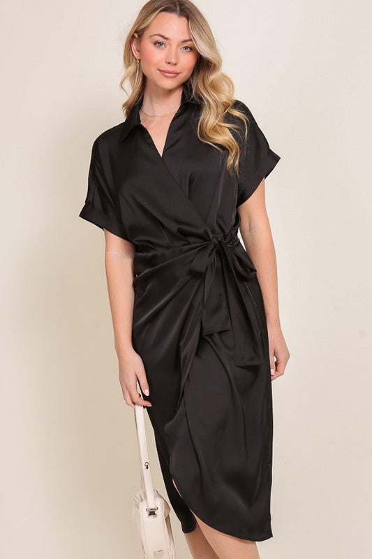 SURPLICE SATIN WRAP DRESS