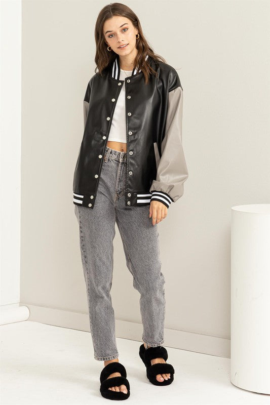 Game On PU Leather Colorblock Baseball Jacket