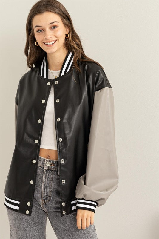 Game On PU Leather Colorblock Baseball Jacket