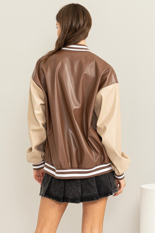 Game On PU Leather Colorblock Baseball Jacket