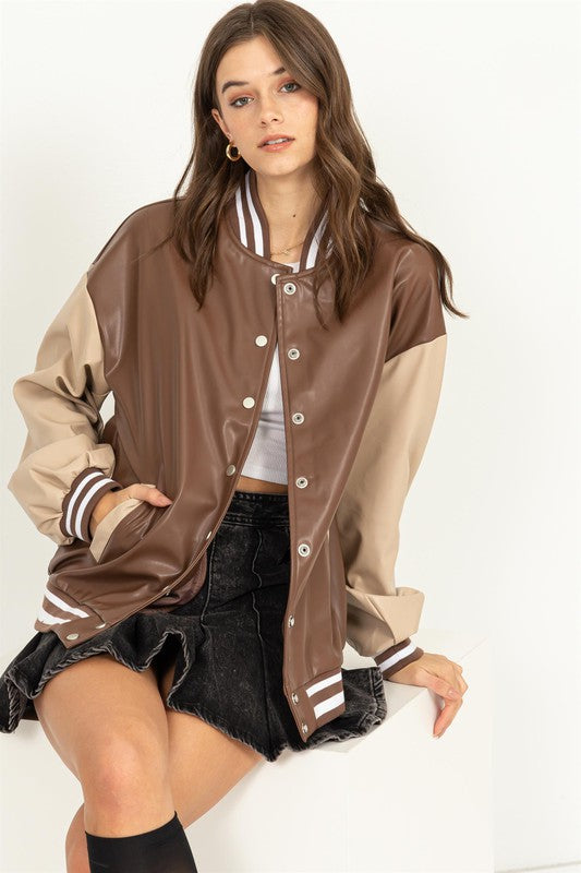 Game On PU Leather Colorblock Baseball Jacket