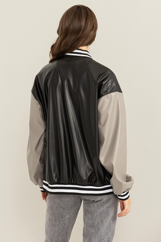 Game On PU Leather Colorblock Baseball Jacket