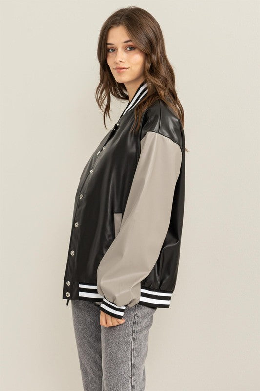 Game On PU Leather Colorblock Baseball Jacket