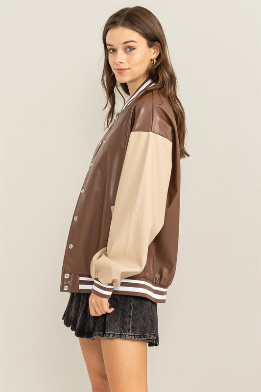 Game On PU Leather Colorblock Baseball Jacket