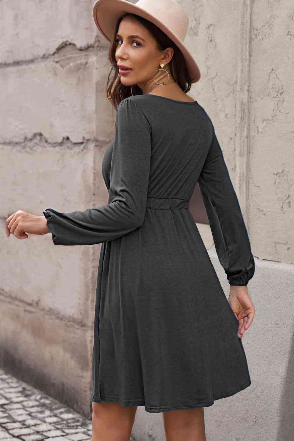 Plus Size Button Front Elastic Waist Long Sleeve Dress