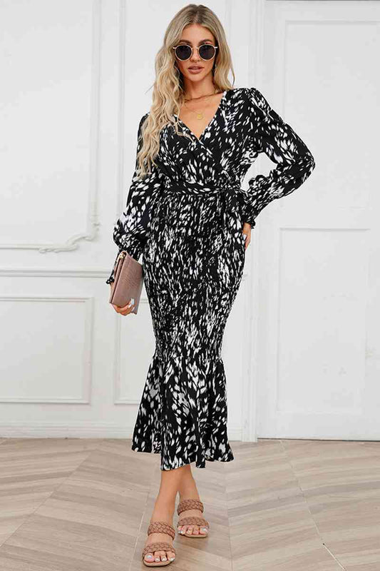 Printed V-Neck Smocked Midi Dress