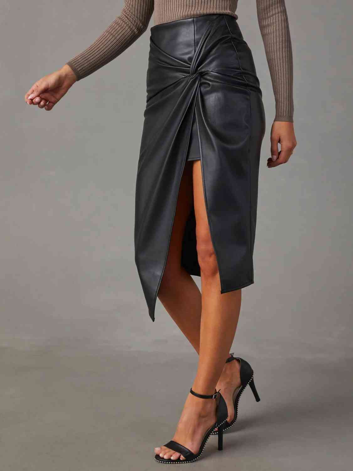 Twist Detail High Waist Skirt PU Leather