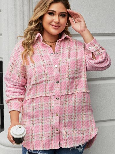 Plus Size Plaid Pocketed Snap Down Jacket