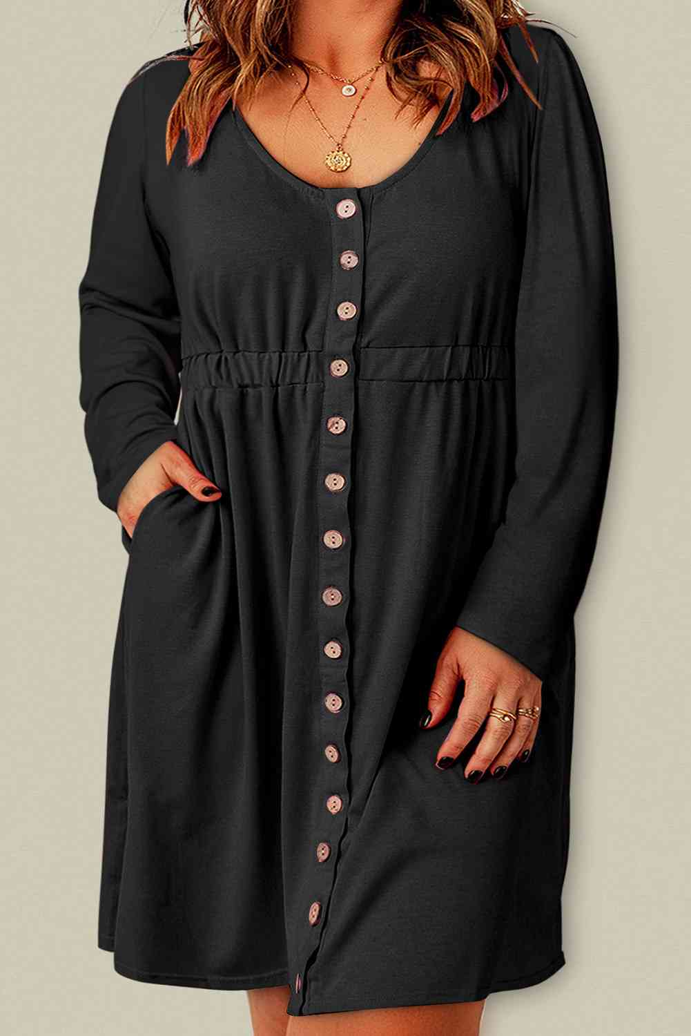 Plus Size Button Front Elastic Waist Long Sleeve Dress