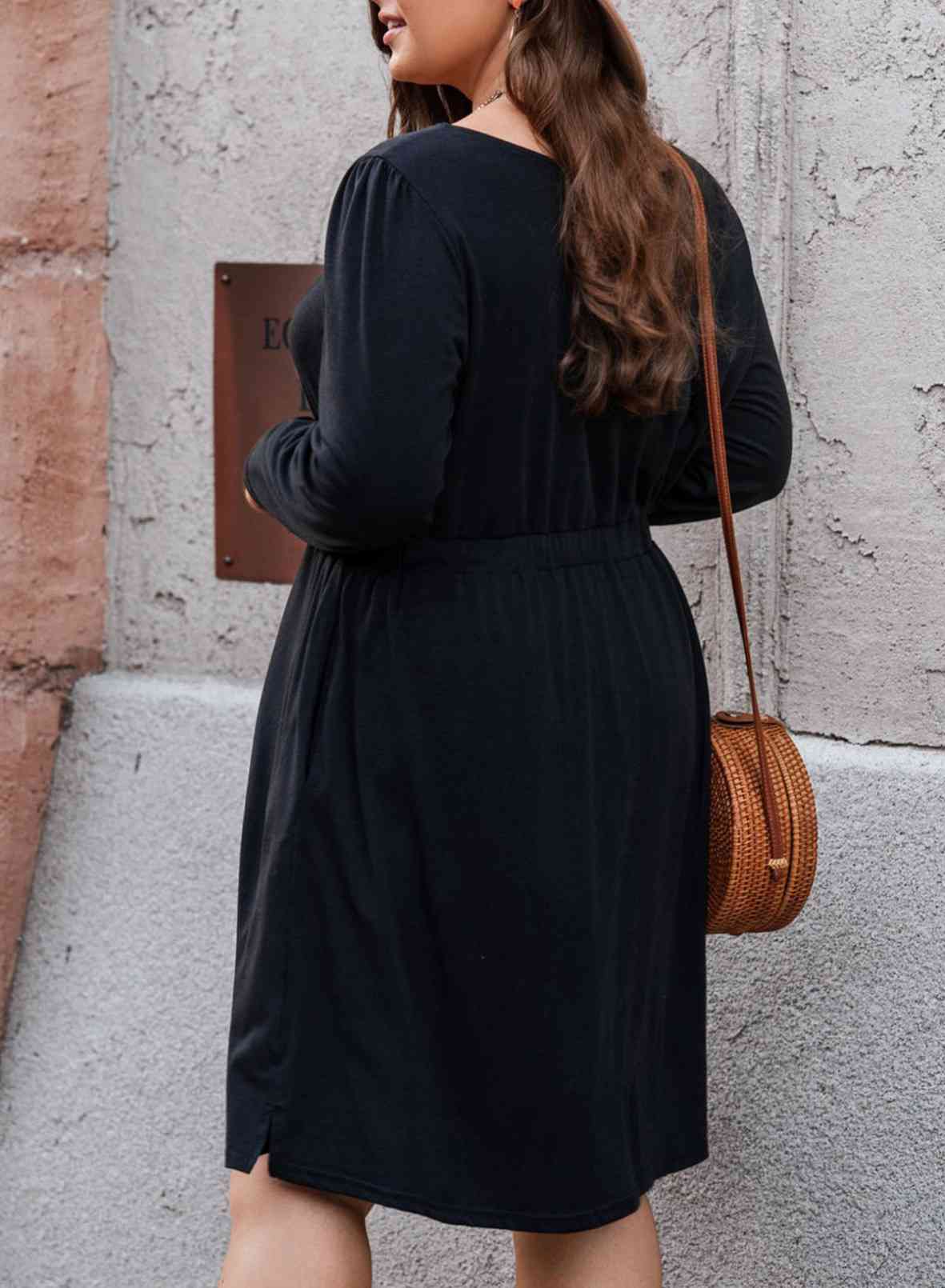 Plus Size Button Front Elastic Waist Long Sleeve Dress