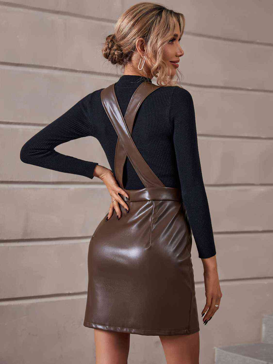 PU Leather Crisscross Back Zip Up Overall Dress