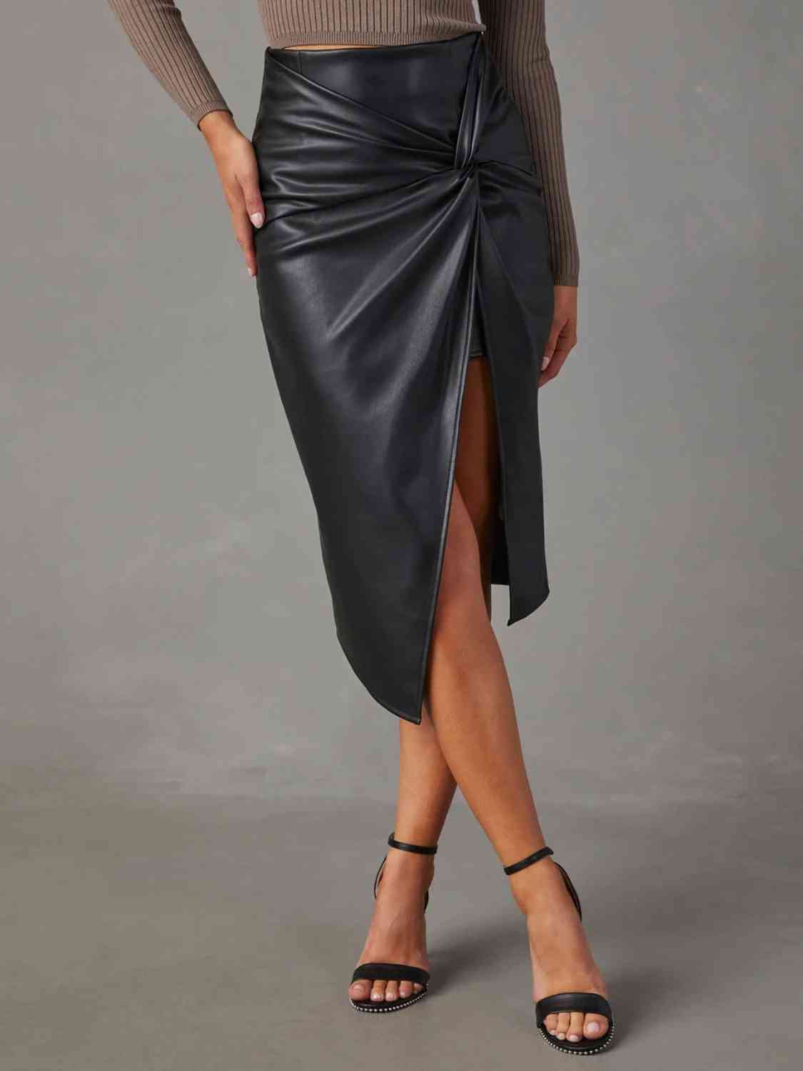 Twist Detail High Waist Skirt PU Leather